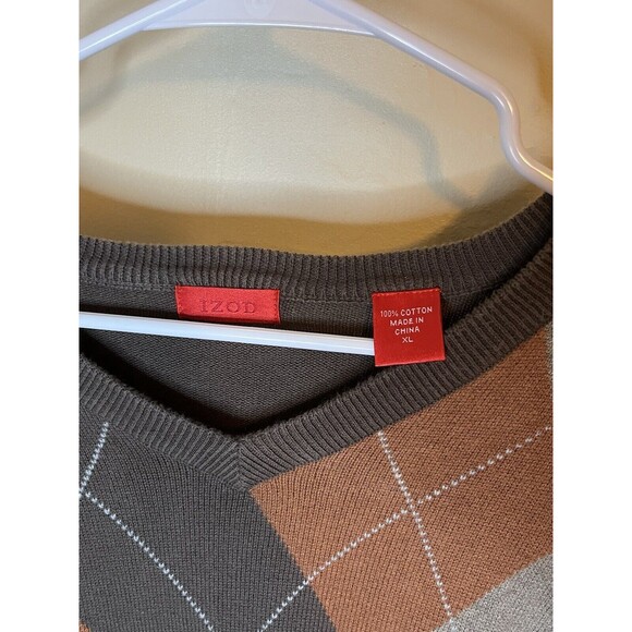 Izod Argyle Men's Large Brown 100% Cotton V-Neck Pullover 100% Cotton Sweater - Picture 2 of 7